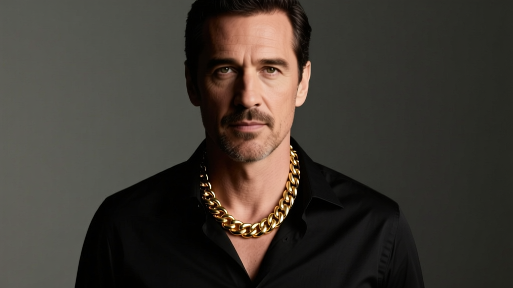 Man wearing a 4mm 18k gold Cuban chain resting at the collarbone, shot in moody studio lighting with sharp focus on the metal links