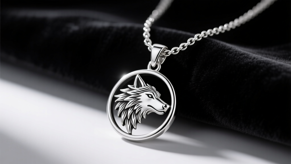 Close-up of a 925 sterling silver Sansa Stark necklace with a 28mm circular direwolf pendant on a cable chain against dark velvet