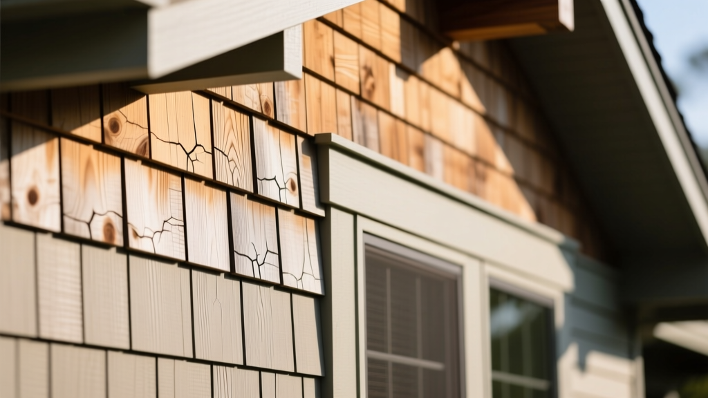 Close-up of Nichiha fiber cement cedar shake siding installed next to natural weathered wood shingles on a craftsman home exterior