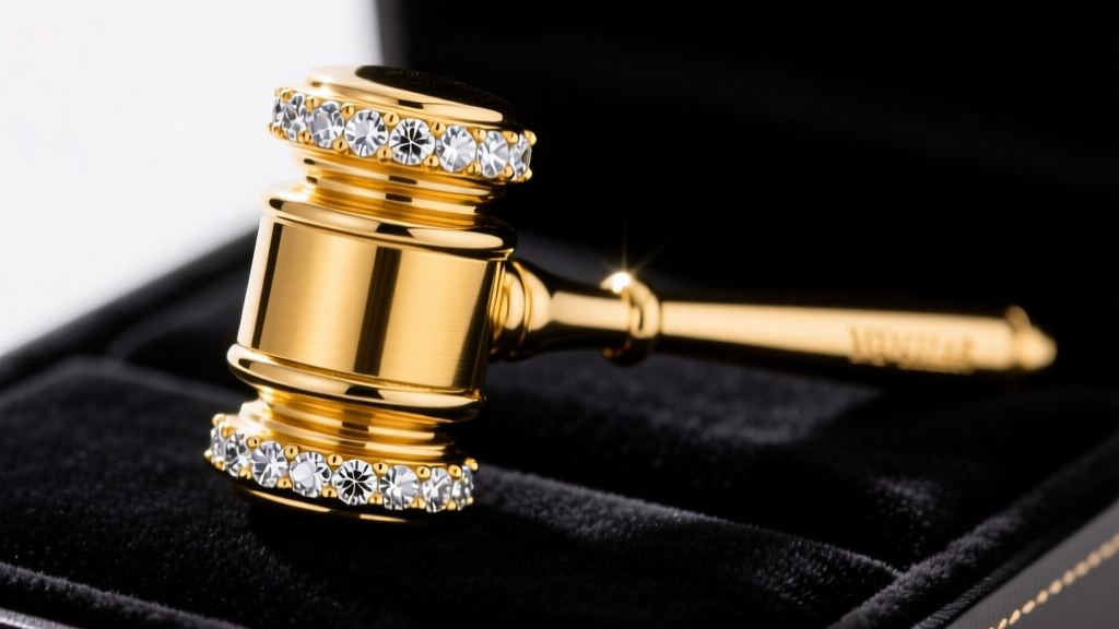 Close-up of a 14k yellow gold gavel pendant with a diamond-encrusted head, resting on dark velvet under bright studio lighting.