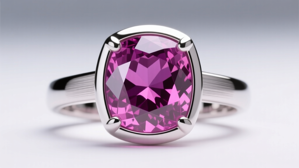 Macro shot of an unheated pink ruby in a platinum bezel ring, showing purplish-pink pleochroism under bright studio lighting
