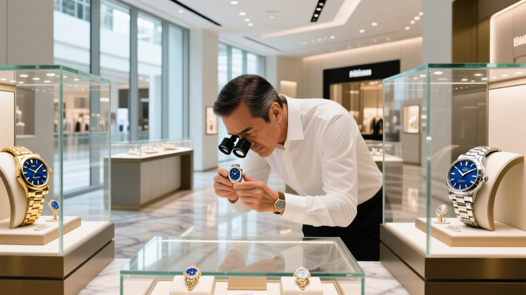 Brightly lit mall jewelry repair kiosk with glass display cases and a jeweler examining a luxury watch under a magnifying loupe