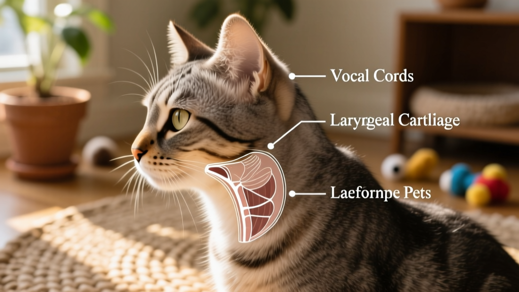 Side profile of a cat’s head highlighting the larynx area, with subtle anatomical labels