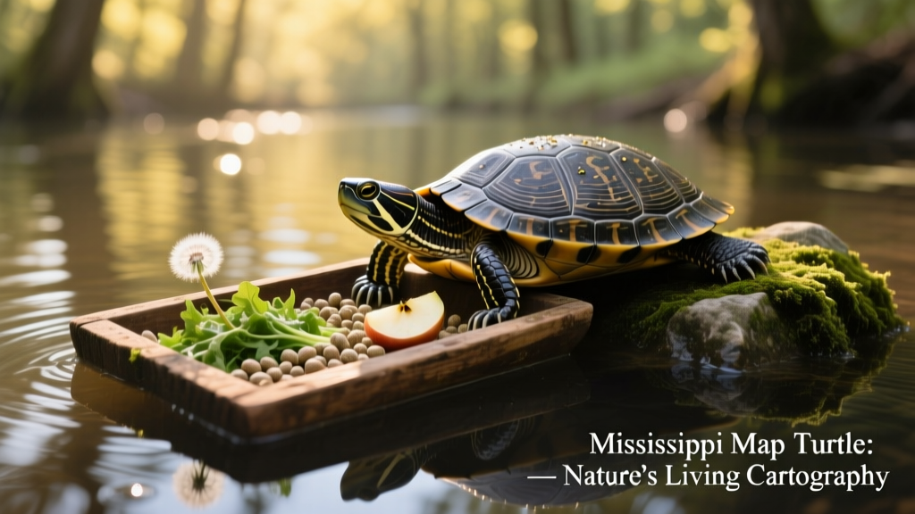 A shallow feeding tray in the water containing turtle pellets, chopped dandelion greens, and a small piece of apple beside a resting Mississippi map turtle