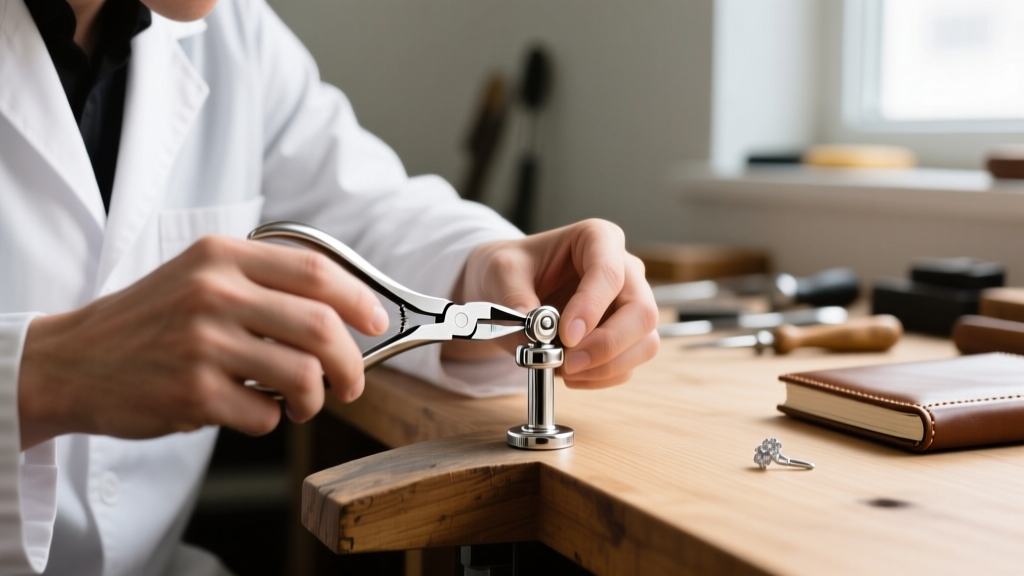 Jeweler using micro-pliers to gently adjust the tension of a 20-gauge sterling silver leverback hinge over a wooden workbench
