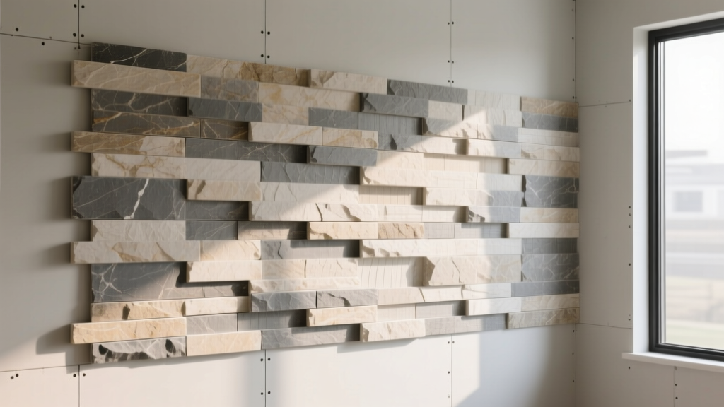 Interlocking high-density polyurethane peel and stick veneer stone panels in stacked ledger style applied to a modern drywall accent wall