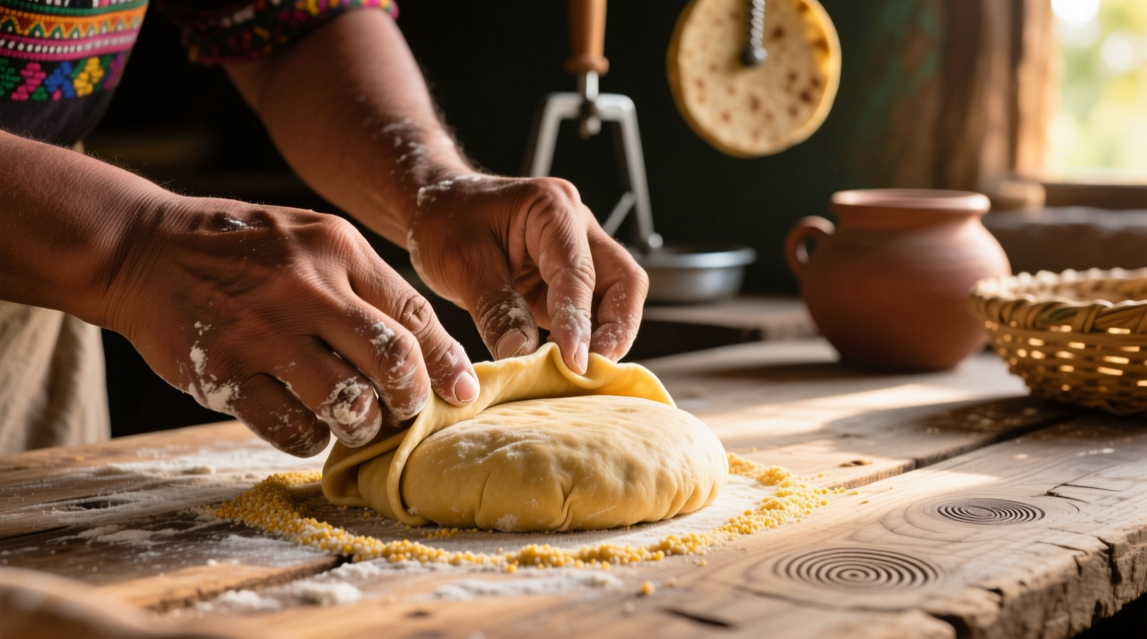 Hands shaping gordita masa dough on wooden surface