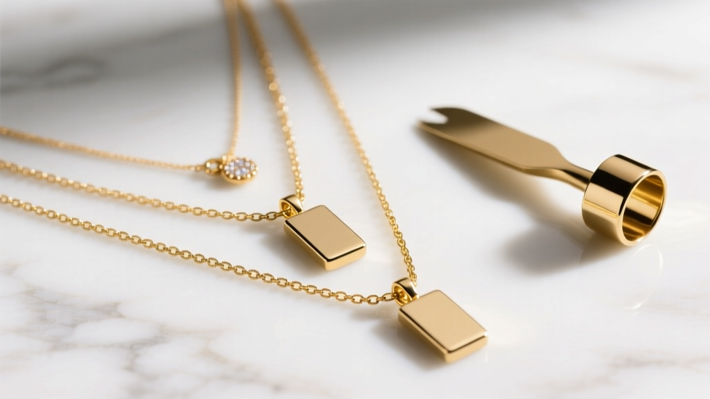 Top-down view of three gold chains with rectangle pendants, arranged on white marble next to a brass jewelry layering spacer tool.