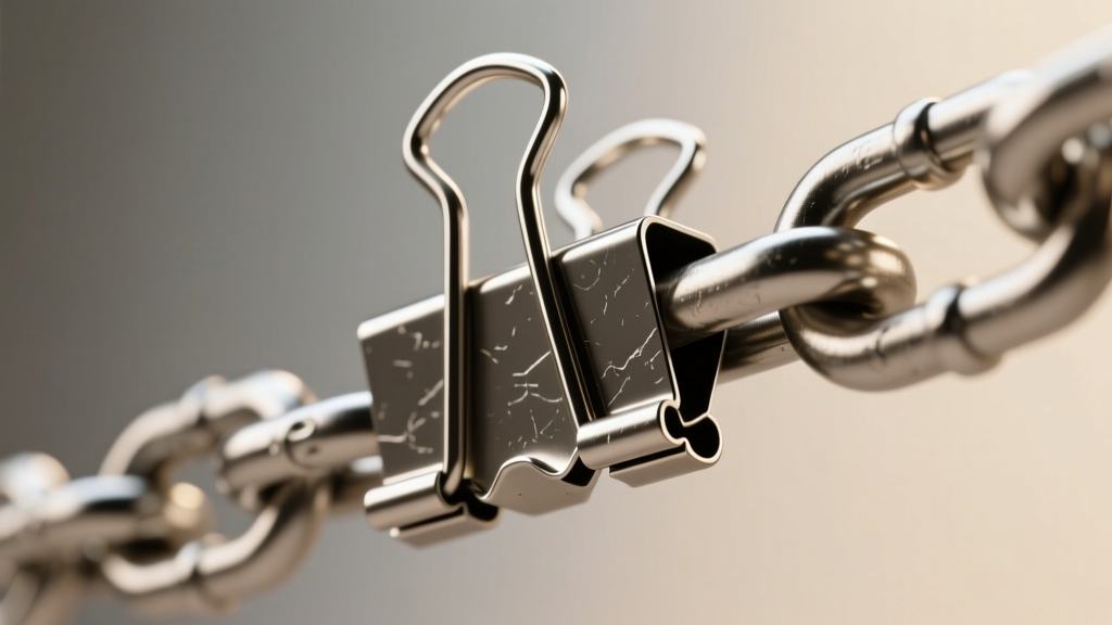 Macro shot of a heavy-duty T-bar clasp securing a thick 20mm stainless steel paperclip chain, highlighting the locking mechanism