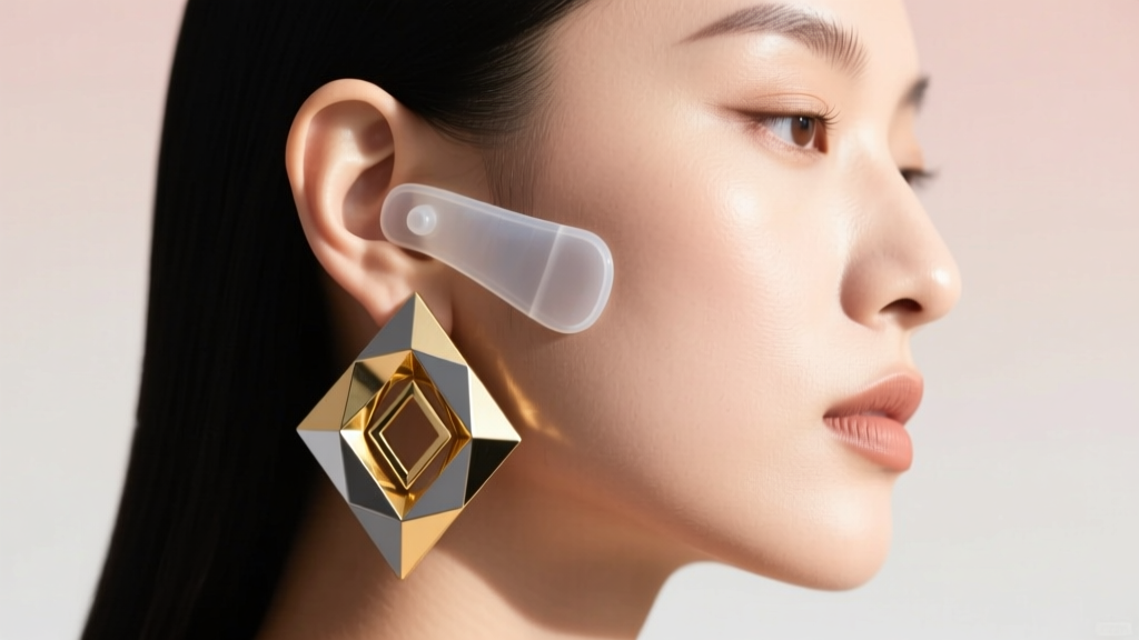 Side profile of a woman wearing heavy sculptural earrings with a clear silicone earlobe support patch visible behind the lobe.