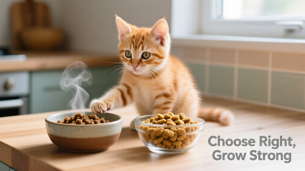 Kitten sitting beside two bowls—one with wet food, one with dry kibble—showing healthy curiosity and engagement
