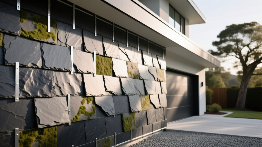 Modern home exterior featuring interlocking real slate stone veneer panels installed over a weather-resistant barrier with metal furring strips