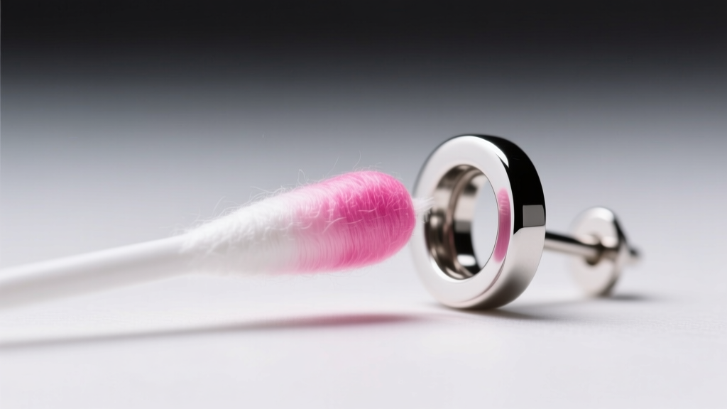 Close-up of a cotton swab turning pink during a nickel spot test on the post of a silver-toned fast-fashion stud earring.