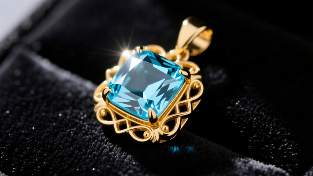 Macro shot of a 2-carat emerald-cut Santa Maria aquamarine pendant in an 18k yellow gold bezel on dark velvet under soft directional light