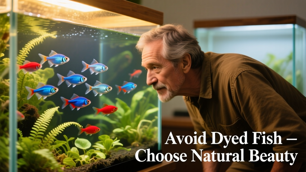 Aquarist examining a healthy, naturally colored school of tetras in a well-planted freshwater aquarium