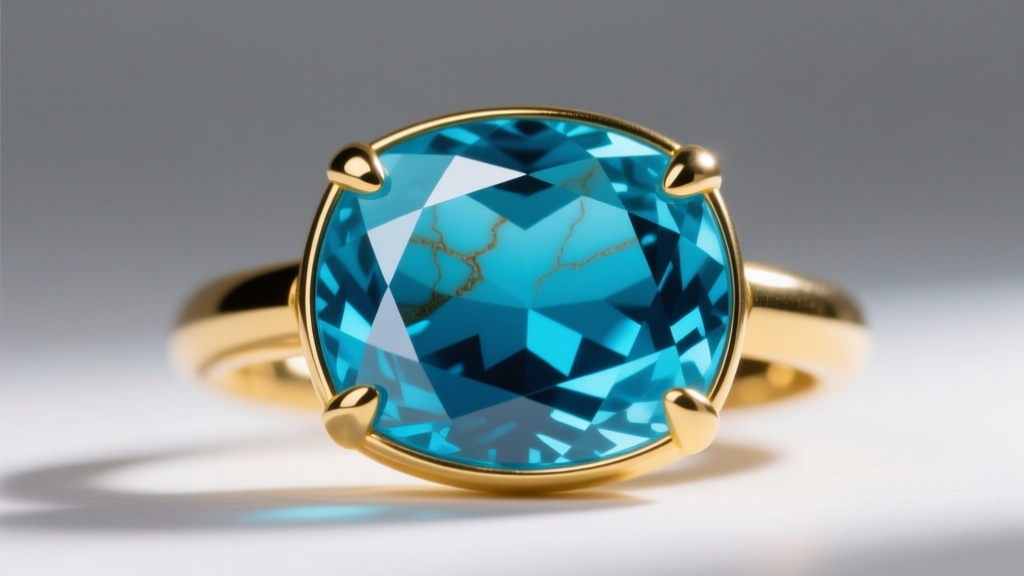 Macro shot of a high-grade Sleeping Beauty turquoise cabochon showing pure blue color without matrix, set in 18k yellow gold
