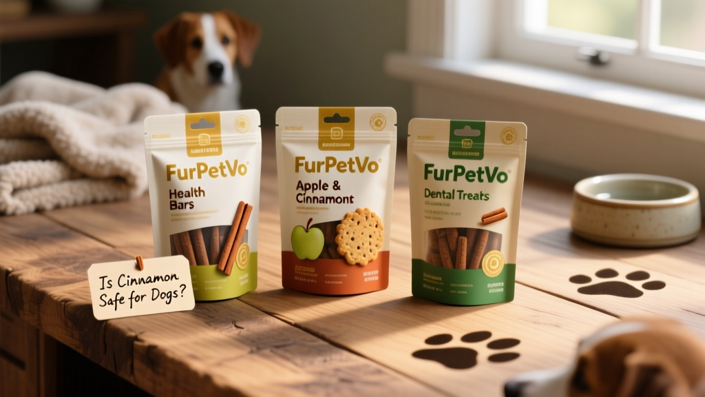 Three FurPetVo treat packages arranged neatly on a wooden surface: Health Bars, Apple & Cinnamon Biscuits, and Dental Treats