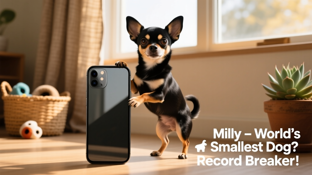Tiny Chihuahua Milly standing next to a smartphone for scale