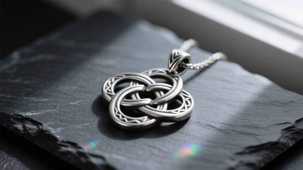 Lead free pewter Celtic knot pendant on dark slate, soft lighting highlighting the matte silver-gray metal finish.