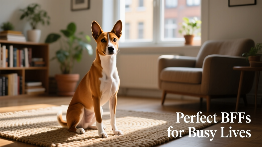 A Basenji sitting upright and alert on a woven rug, ears perked, expression quietly observant