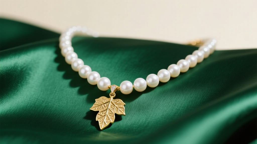 White pearl AKA necklace with a gold ivy leaf pendant on emerald green silk, captured in soft studio lighting.