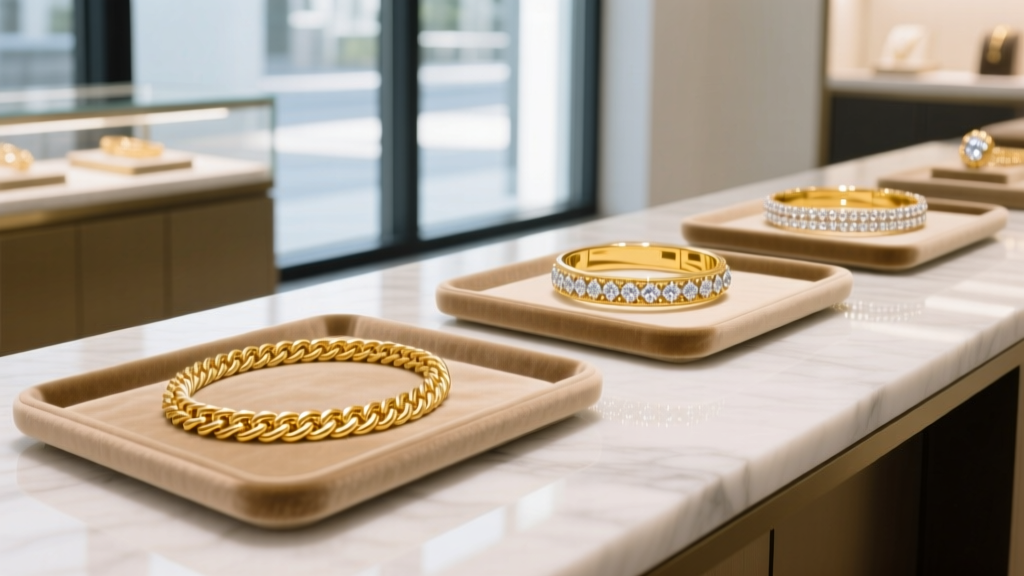 Velvet trays filled with wholesale 18k yellow gold herringbone chains and diamond bangles in a brightly lit distributor showroom