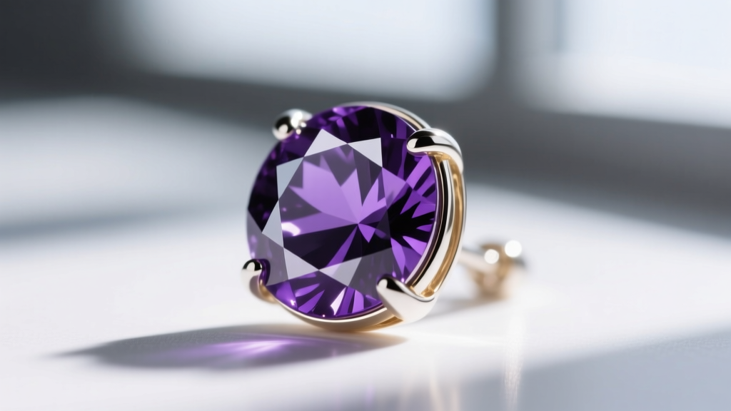 Extreme close-up of a bezel-set dark purple tanzanite earring, showing a tiny gap in the 14k white gold rim under bright light.