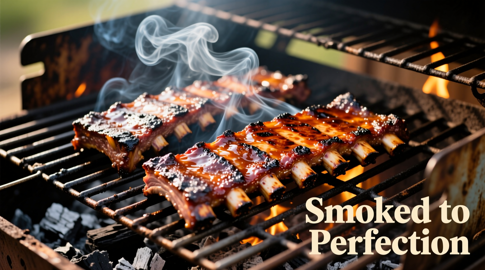 Perfectly grilled ribs on charcoal grill with smoke