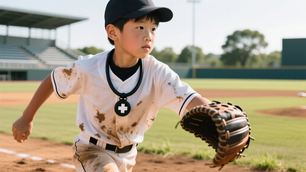 Young baseball player in a dirt-stained uniform wearing a matte black medical-grade silicone breakaway necklace on the field