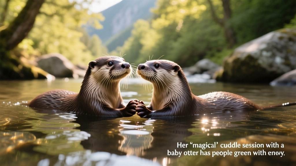 Two otters floating side by side in water, paws clasped together