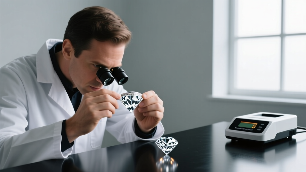 Jeweler using a 10x triplet loupe to inspect a laser inscription on a diamond girdle, with a thermal conductivity tester nearby.