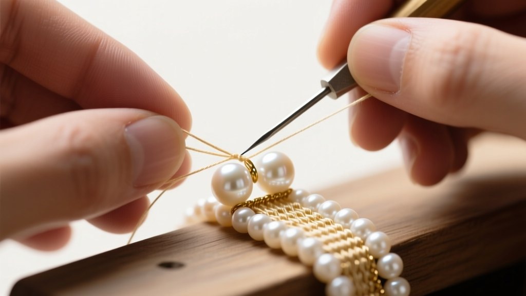 Jeweler hands using a beading awl to tie a microscopic silk knot between cream freshwater rice pearls on a multi-strand rig