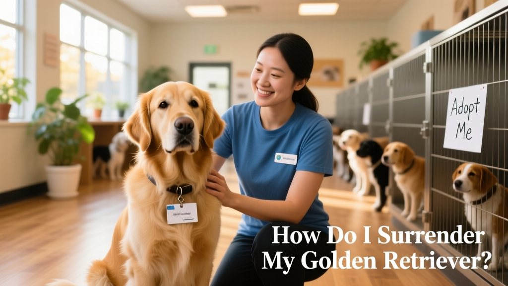 A calm, well-groomed Golden Retriever sitting beside a caring human volunteer at a clean, sunlit adoption center