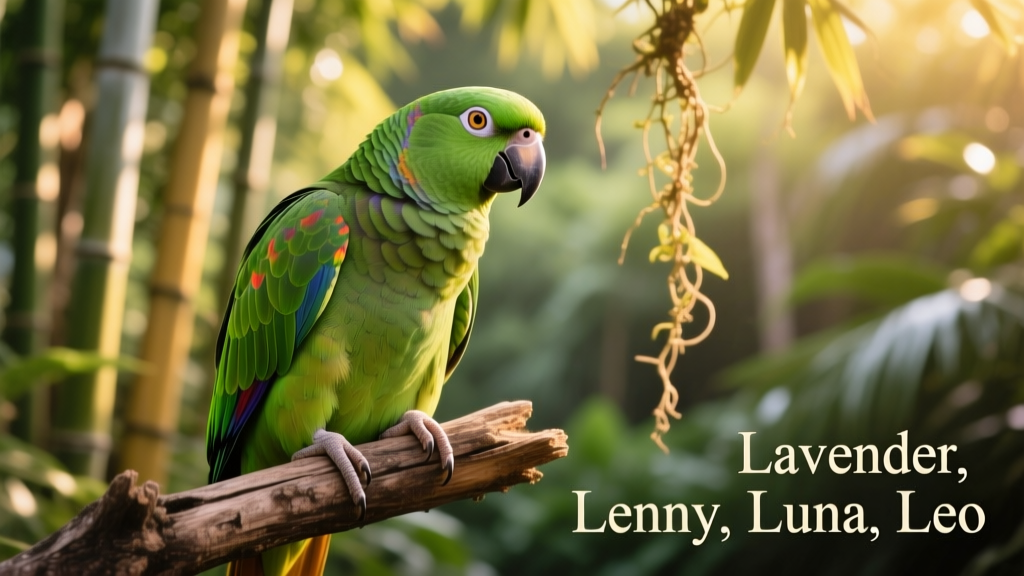 A vibrant green parrot perched on a branch, tilting its head curiously