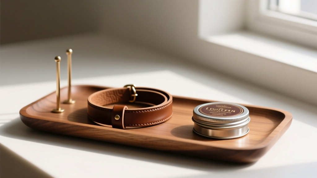 Wood valet tray displaying a coiled brown leather choker necklace men use, next to a small tin of premium leather conditioner.
