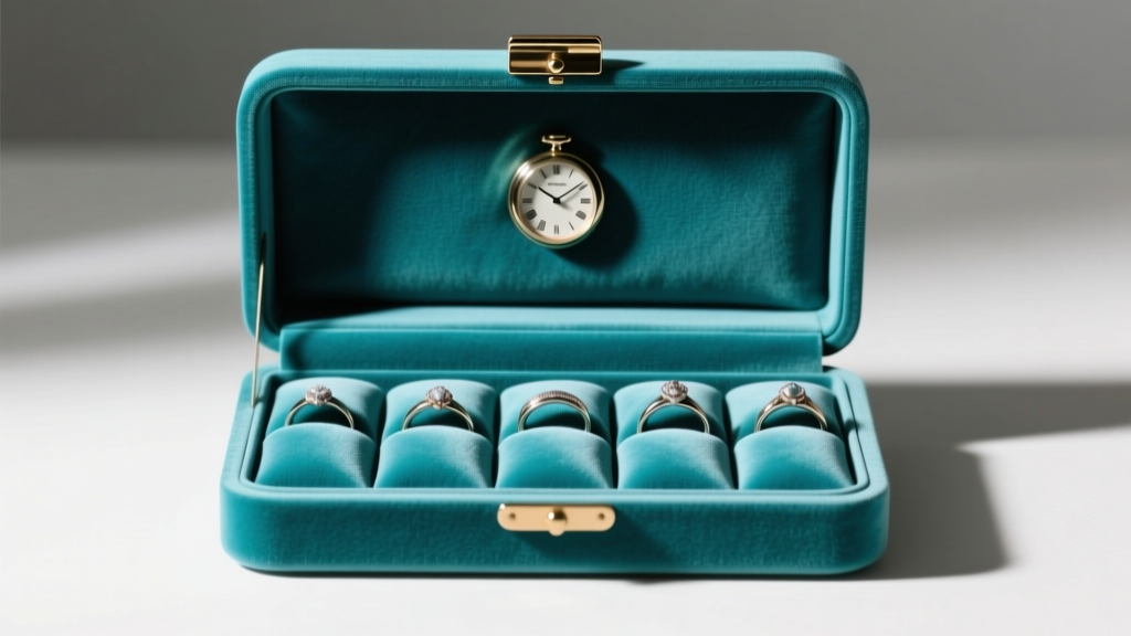 Interior of a restored 1950s jewelry box featuring deep turquoise velvet lining, a padded ring roll, and a lift-out watch tray