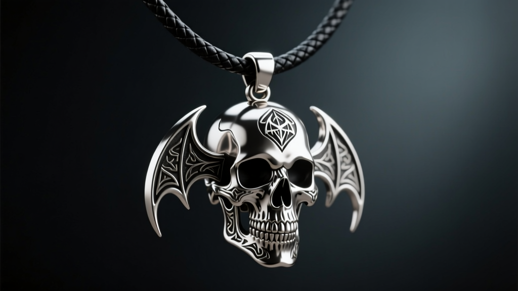 Stainless steel Avenged Sevenfold Deathbat skull pendant hanging on a thick black leather cord against a dark moody background
