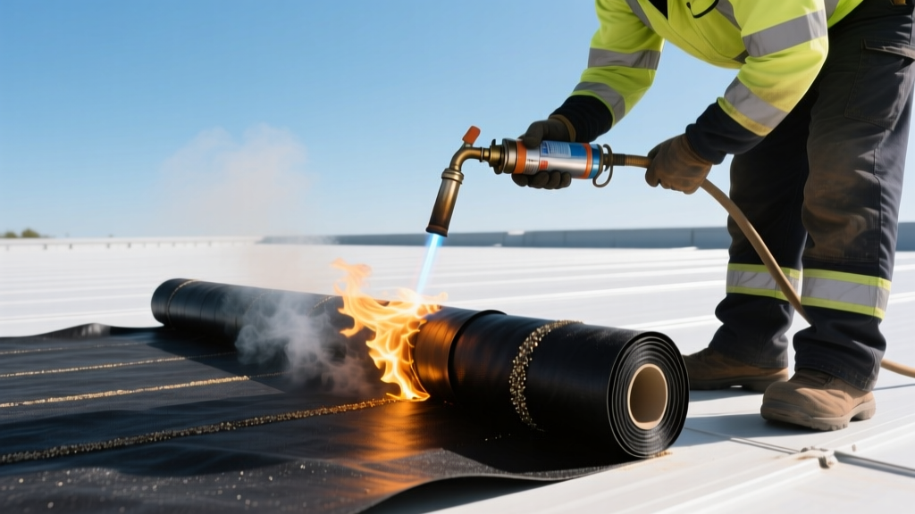 Commercial roofing contractor using a propane torch to melt and seal black SBS modified bitumen rolls on a flat low-slope roof