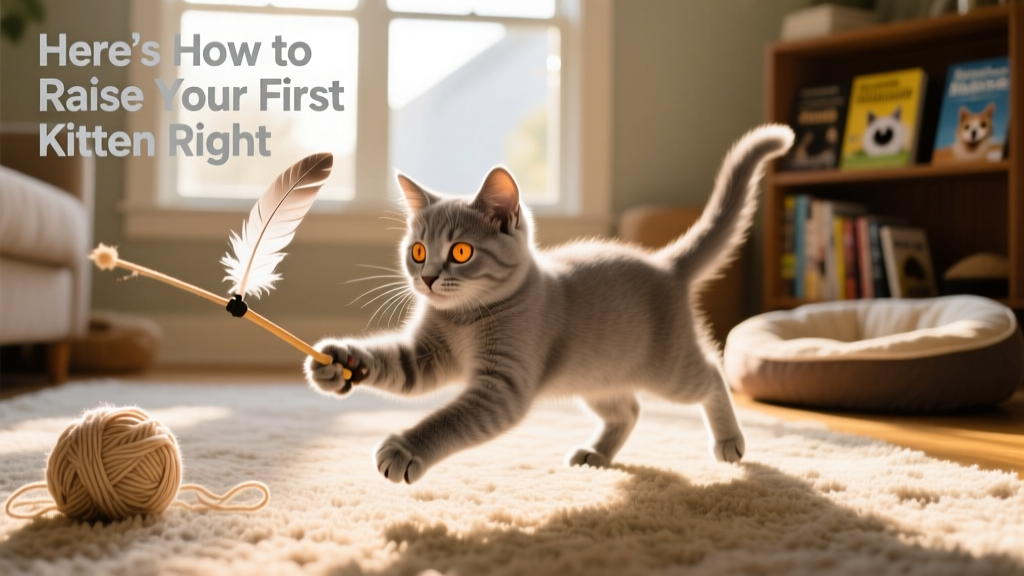 A playful kitten batting at a feather wand toy during interactive playtime, showing natural hunting behaviors like pouncing and chasing