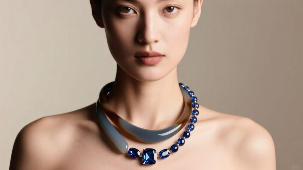 Model wearing an asymmetrical necklace made of beads featuring matte bio-resin and polished sapphire under soft studio lighting