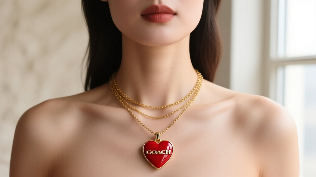 Woman wearing a layered Coach red enamel heart necklace and delicate gold chain, photographed from collarbone up in natural light.