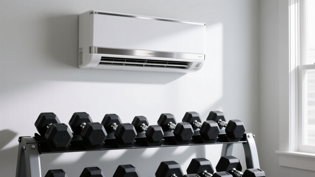 Ductless mini-split HVAC unit mounted high on finished drywall wall above a rack of rubber-coated adjustable dumbbells