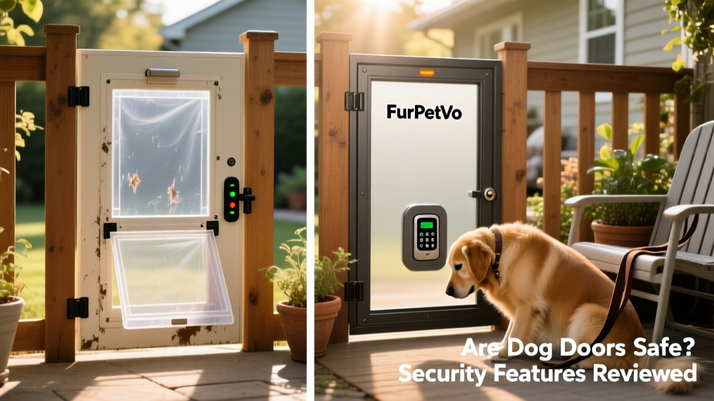 Side-by-side comparison showing a basic vinyl flap dog door versus a premium FurPetVo model with electronic lock, rigid flap, and reinforced frame