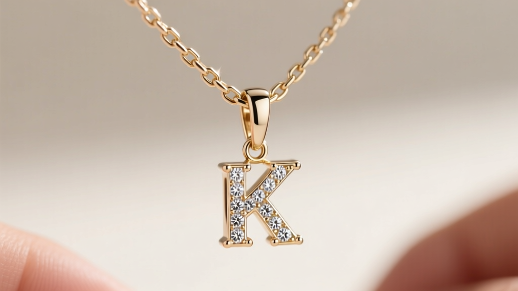 Extreme close-up of a 1mm 14k white gold box chain threading through the soldered bail of a diamond-accented K initial pendant