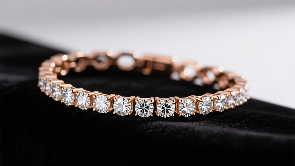 Clean 14k rose gold diamond bracelet on dark velvet, catching bright light to highlight the facets and polished metal links.