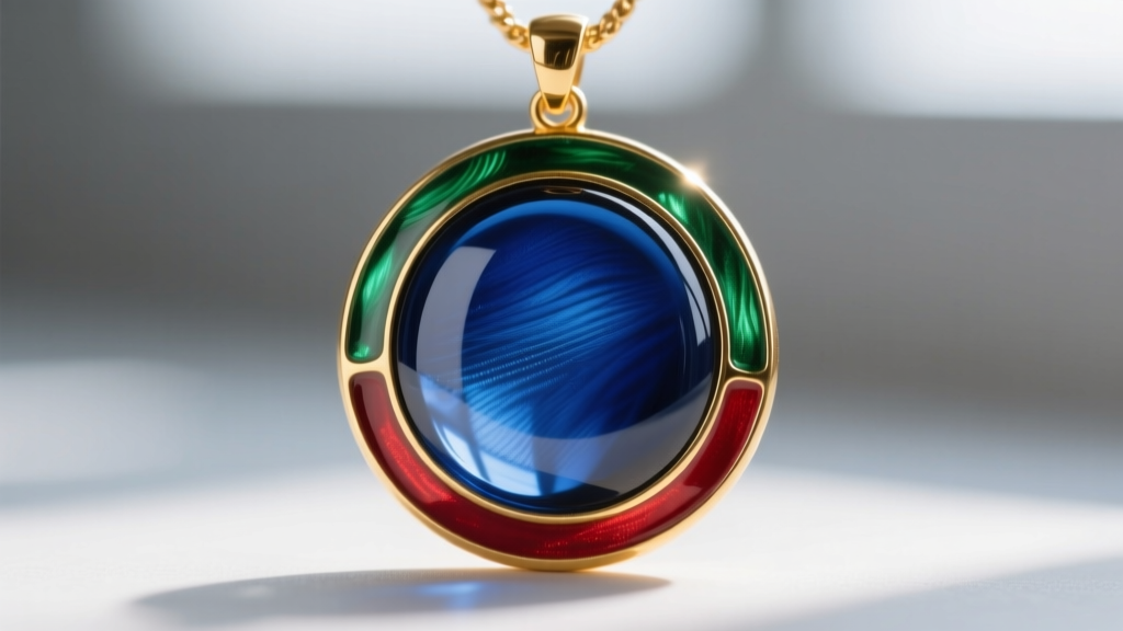 Macro shot of a hard enamel cloisonné pendant showing a perfectly flat, polished glass surface against a thick gold bezel edge.