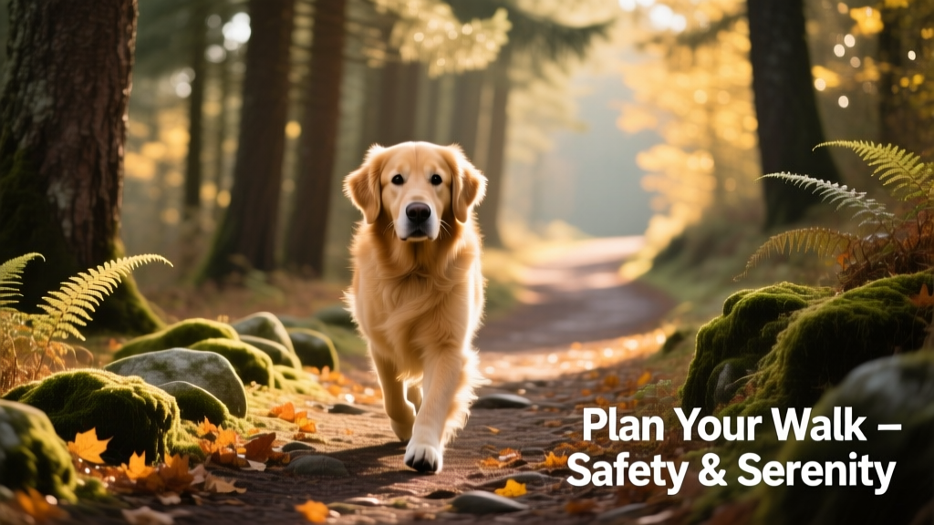 A dog trotting confidently along a forest trail, sunlight filtering through tall trees
