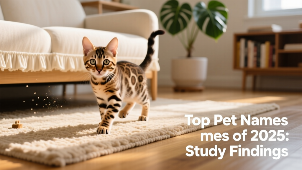A curious Bengal kitten poised playfully on a sunlit living room rug, eyes locked on an unseen object under a frilled sofa