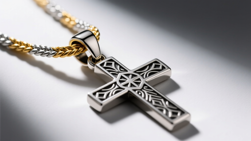 Close-up of a 2mm two-tone rope chain threading through a tapered bail on a heavy cross pendant under bright studio lighting
