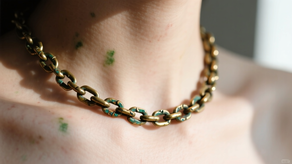 Macro shot of a tarnished brass necklace chain resting on a collarbone, showing a faint greenish oxidation stain on the skin.